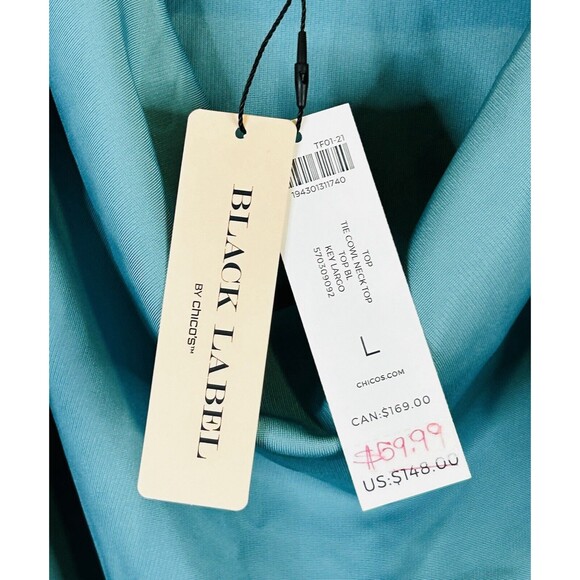 NWT Chico's Black Label Cowl Neck Top Dressy Shirt Tunic Tie Neck Bow Blue Large - Picture 9 of 11